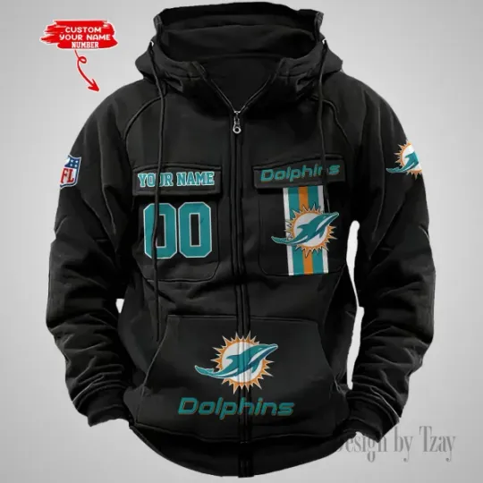 Miami Dolphins Personalized Multi-Pockets Zip-Up Hoodie