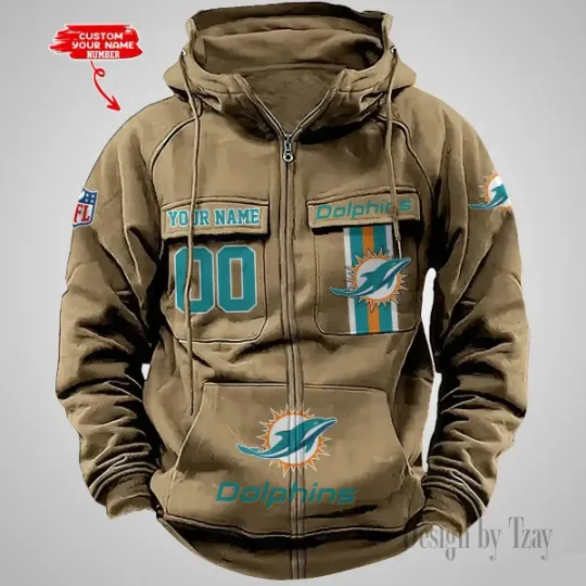 Miami Dolphins Personalized Multi-Pockets Zip-Up Hoodie