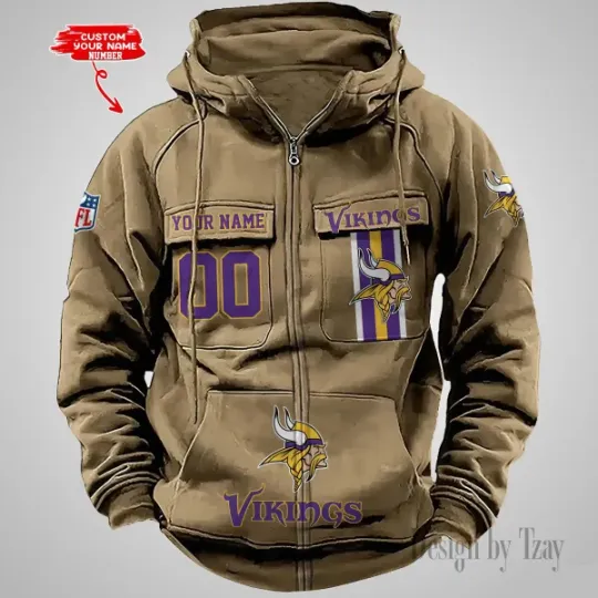 Minnesota Vikings Personalized Multi-Pockets Zip-Up Hoodie