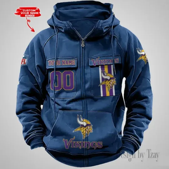 Minnesota Vikings Personalized Multi-Pockets Zip-Up Hoodie