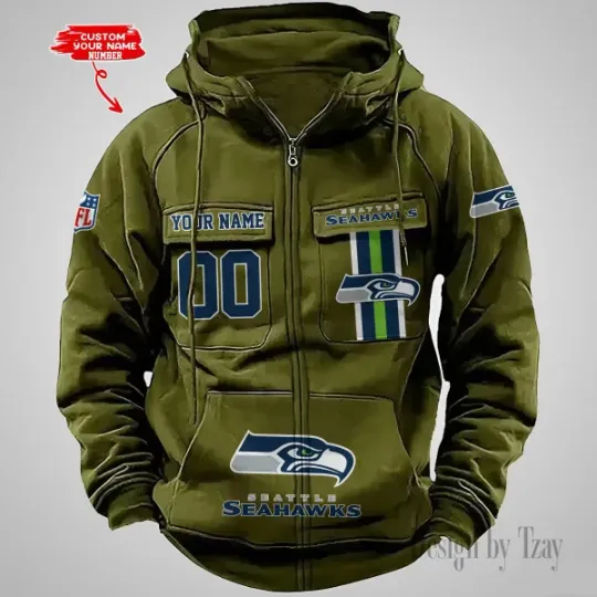 Seattle Seahawks Personalized Multi-Pockets Zip-Up Hoodie