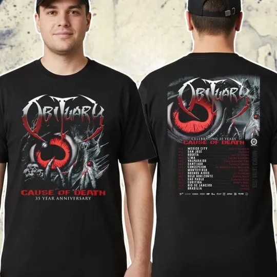 Discover Obituary Celebrating 35 Years Cause Of Death Latin America Tour 2026 T-Shirt