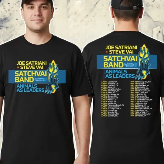 Discover Steve Vai Surfing With The Hydra 2026 Tour Cities List With Joe Satriani T-Shirt