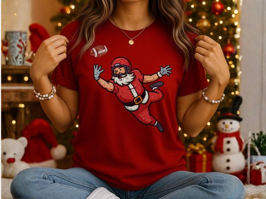 Discover Football Christmas T-Shirt, Funny American Football Holiday Tee, Santa Touchdown Xmas Shirt