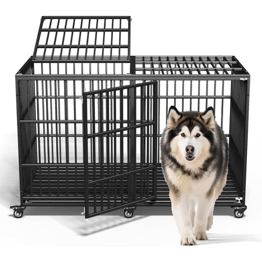 Discover 64" Heavy Duty Dog Crate Indestructible Dog Pet Kennel Cage for Extra Large Giant Breeds Double Doors Locakable Wheels High Anxi