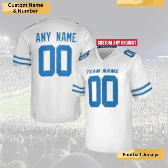 Discover Personalized White Blue Trim Football Jersey Team Name Number Game Day