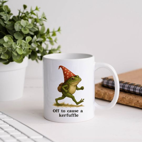 Discover Off to Cause a Kerfuffle Frog Mug, Cute Gnome Hat Frog Cup, Funny Weirdcore Meme Aesthetic, Funny Frog Mug, Sarcastic Saying, Funny Gift