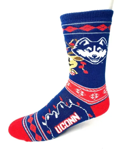 Discover Connecticut Huskies College Stripe Holiday Reindeer Socks