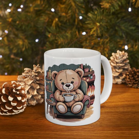 Discover Cozy Teddy Bear Reading by Fireplace Mug | Ceramic Coffee Cup
