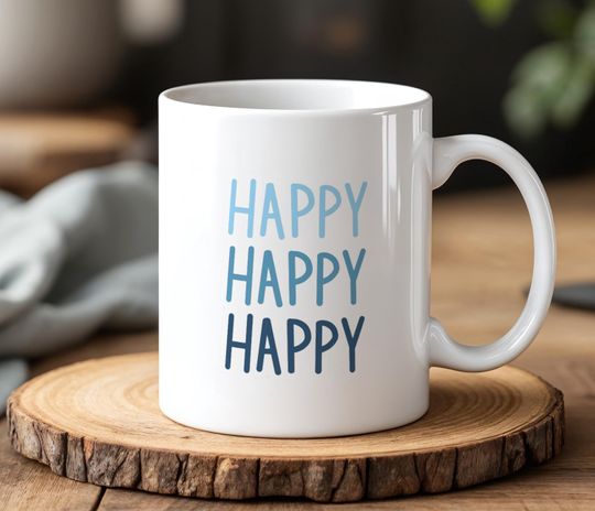 Discover Happy Happy Happy Quote Mug 330ml Ceramic Coffee Cup Positive Vibes Gift