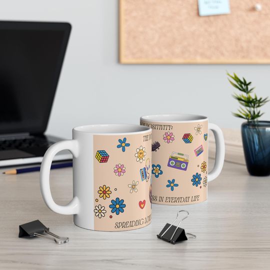Discover Cute Cat Mug, Positive Vibes Coffee Cup, Gift for Cat Lovers, Happy Floral Design, Unique Tea Mug
