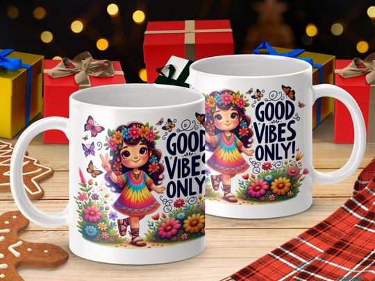 Discover Hippie Girl Coffee Mug: Good V, Butterfly & Flowers - 11oz Ceramic