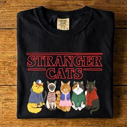 Discover Stranger Cats Shirt, Funny Parody Tee, Cartoon Cat Squad, Graphic T-Shirt for Cat Lovers