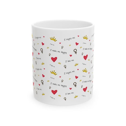Discover I Make Me Happy pattern Mug | Heart Crown Feminist Symbols Ceramic Mug