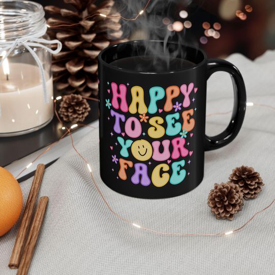 Discover Happy Face Mug - Colorful Black Coffee Cup, Cute Gift for Friends, Cheerful Home Decor, Ideal for Birthdays