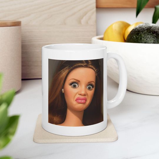Funny Doll Face Mug, Disgusted Barbie Meme Coffee Cup, Sarcastic Reaction Gift, Weird Humor Tea Cup