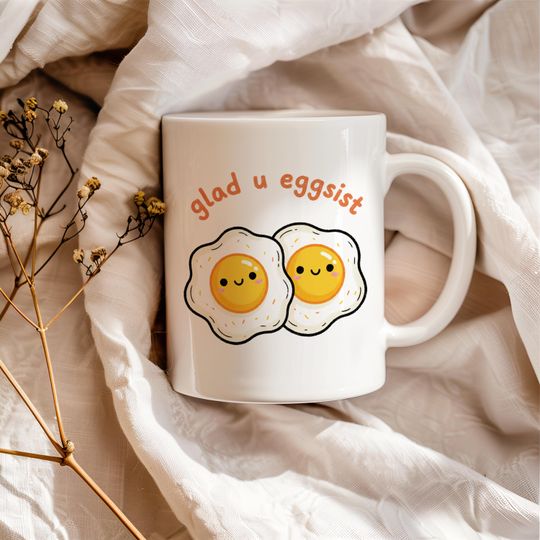 Discover Funny Valentine's Day Mug, "Glad U Eggsist" Cup, Cute Egg Pun, Breakfast Lover Gift