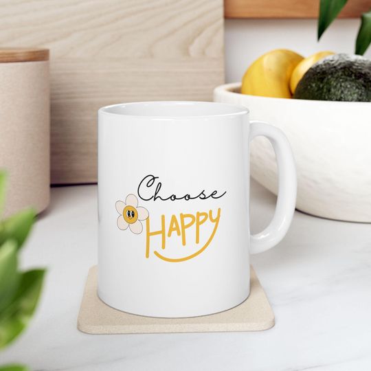 Discover Choose Happy Ceramic Mug, Happy Coffee Mug, Positive Vibes, inspirational drinks