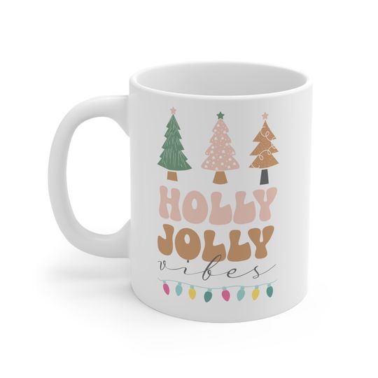 Discover Holly Jolly Vibes Mug, Gift for Her, Christmas Gift, Retro Mug, Vibes Mug, Holiday Vibes Mug, Cute Coffee Cup for Her, Coffee Lover Gift