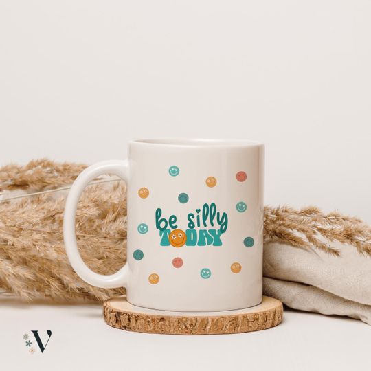 Discover Be Silly Today Mug | Groovy Smiley Face Cup | Positive Vibes Coffee Mug | Retro Aesthetic Gift | Self Love & Happiness Cup