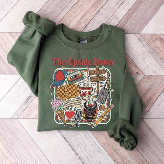 The Upside Down Sweatshirt Retro Doodle Graphic Crewneck Unisex Cozy Waffle Sweater