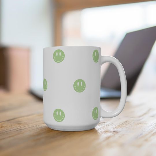 Discover Happy Vibes Smiley Mug, 15oz - Green Smiley Face Mug, Pastel Mug, Positive Coffee Cup