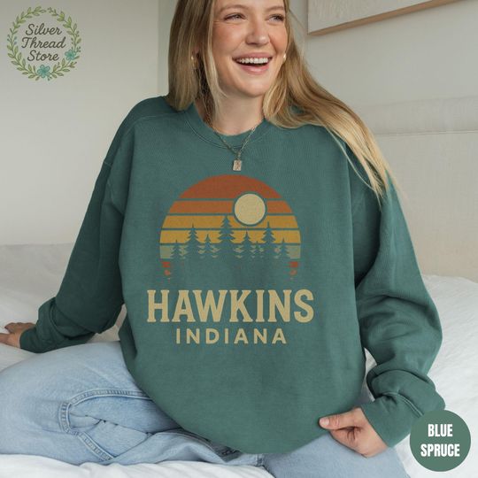 Discover Retro Hawskin Indiana Inspired Sunset Forest Comfort Colors Sweatshirt, Vintage Hawskin Indiana Inspired Sweatshirt, Cryptid Lover Sweater