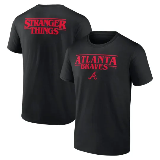 Discover Men's Black Atlanta Braves Stranger Things Logo Double Sided T-Shirt