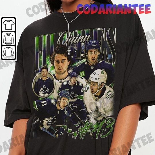 Discover Quinn Hughes Vancouver Ice Hockey Shirt, Canucks Ice Hockey Shirt Christmas Gift, Ice Hockey 90s Vintage Fan Gift