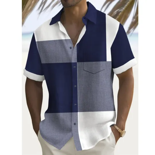 Discover Mens Retro Geometric Plaid Hawaiian Shirt