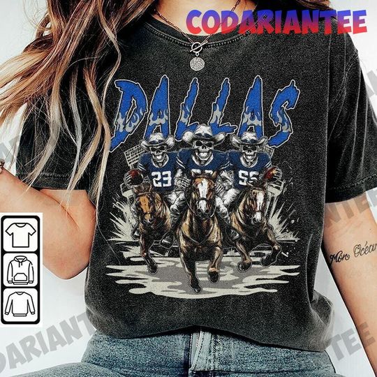 Discover Football Skull Shirt Dallas Theme  Retro Vintage Skeleton Rider  Trendy Fan Gift
