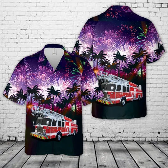 Discover Firefighter Fire Truck Firework Hawaiian Shirt