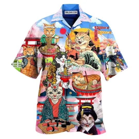 Discover Cat Samurai With Ramen Lovely Hawaiian Shirt Aloha Summer Beach Button Down
