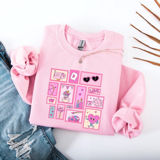 Discover Valentine Love Stamp Sweatshirt, Pink Cute Heart Graphic Gift