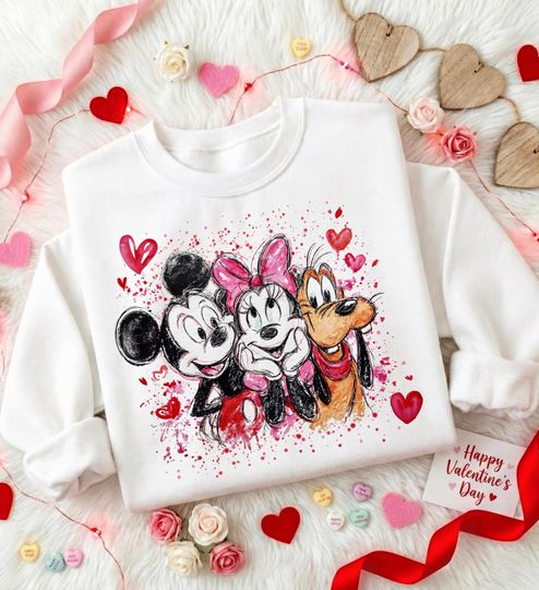 Discover Cute Disney Love Sweatshirt or Hoodie, Minnie and Mickey Valentine Sketch Style Tee, Romantic Friends Illustration, Trendy Couple Outfit