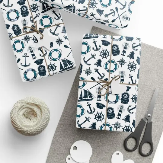 Discover Nautical Anchor Gift Wrap Ocean Marine Pattern Holiday Wrapping Paper