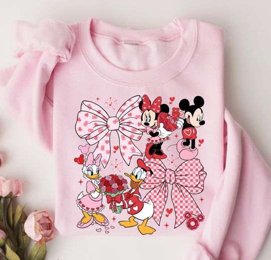 Discover Coquette Bows Mickey Minnie Disney Valentine Sweatshirt: WDW Disneyland Valentine Gift For Her