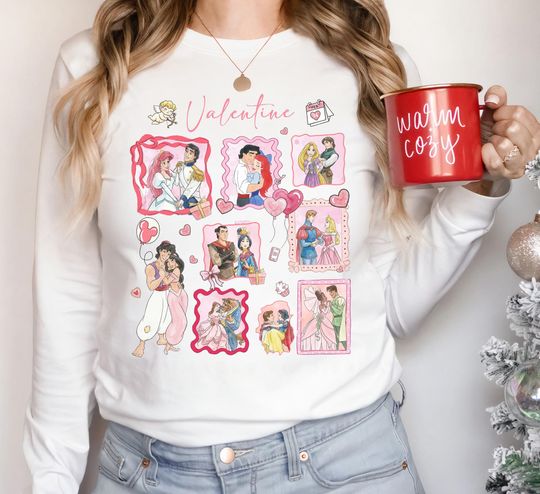 Discover Disney Princess and Prince Valentine Coquette Bow Shirt, Happy Valentine's Day Shirt, Disneyland Valentine Couple Tee, Disney Girl Trip Tee