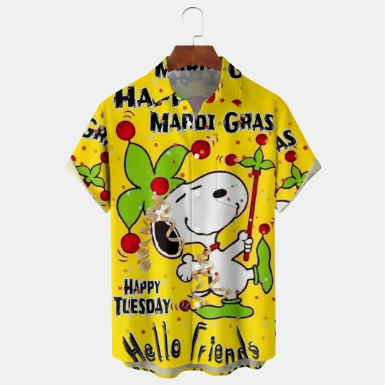 Discover Mardi Gras Cartoon Dog Print Mens Button Pocket Short Sleeve Shir