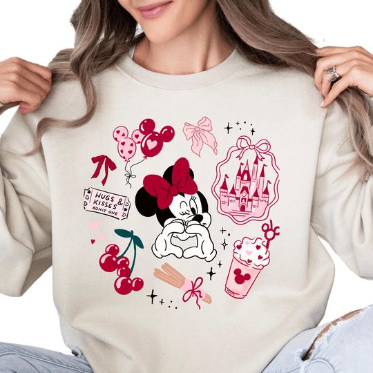 Discover Minnie Heart Hands Valentine Sweatshirt, Disney Castle Cute Pink Bow Crewneck, Hugs & Kisses Romantic Gift for Her