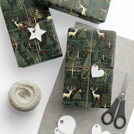 Discover Evergreen Christmas Wrapping Paper, Green and Gold Pine Forest Holiday Gift Wrap
