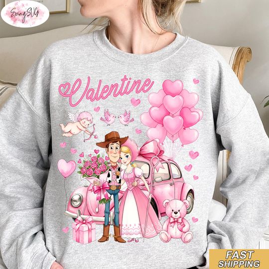 Discover Retro Toy Story Valentine Sweatshirt, Woody Bo Peep Love Shirt, Cute Pink Car Heart Balloons Crewneck, Disney Couple Valentine Trip Gift