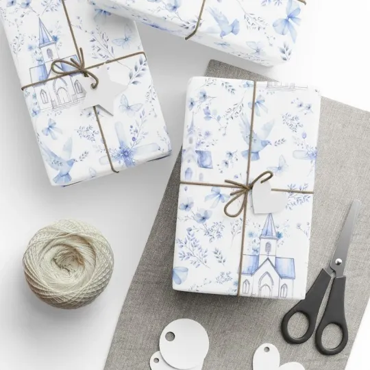 Discover Christian Toile Wrapping Paper for Baptism and Christening Gifts