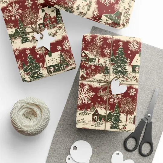 Discover Western Christmas Village Wrapping Paper - Vintage Red Farmhouse Holiday Gift Wrap