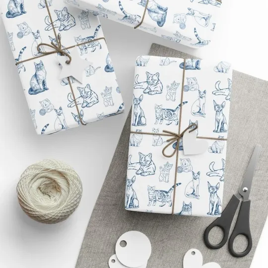 Discover Blue and White Toile Cat Gift Wrap, Vintage Feline Holiday Paper