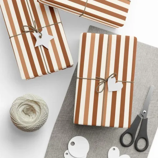 Discover Brown Striped Wrapping Paper Roll, Aesthetic Gift Wrap