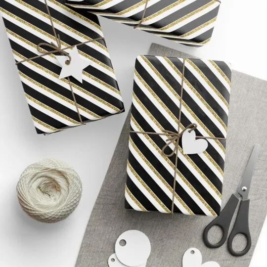Discover Elegant Black Gold White Striped Wrapping Paper for Holiday Gifts