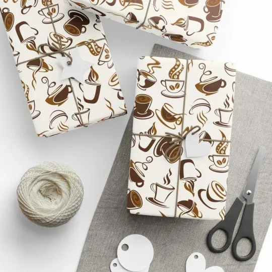 Discover Coffee Cup Pattern Wrapping Paper, Cute Cafe Theme Birthday Holiday Gift Wrap