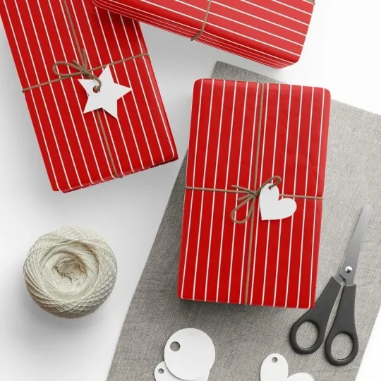 Discover Red Striped Gift Wrap, Classic Vintage Holiday Wrapping Paper for Christmas