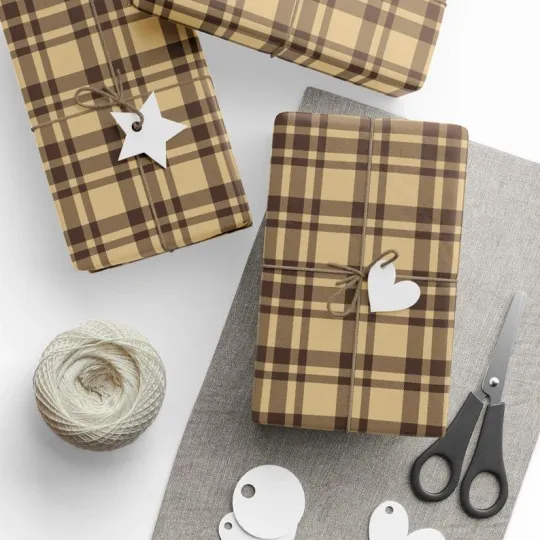 Discover Espresso Latte Plaid Gift Wrap, Holiday Tartan Vintage Brown Christmas Paper